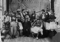 The Ottoman Theater, cast of the play Besa. Standing: Ahmet Fehim, Ms Binemeciyan, Tovmas Fasulyacıyan and Mari Nvart, seated: Mr Binemeciyan